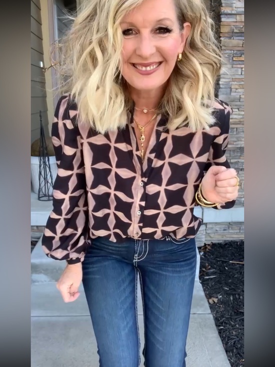 Silk & Salt Tops - Abstract Geometric Button-Up Blouse in Tan/Brown & Black